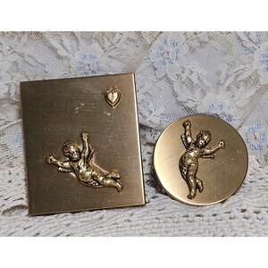 Matching Vintage Gold Tone Cherub Purse Mirror And Lipstick Holder With Mirror